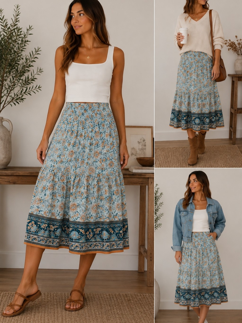 Blue Floral Boho Midi Skirt Smocked Elastic Waist Tiered Border Print